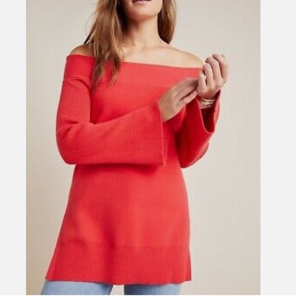 Anthropologie Elise Ribbed Off the Shoulder Tunic Sweater Red Sz M - Picture 2 of 16